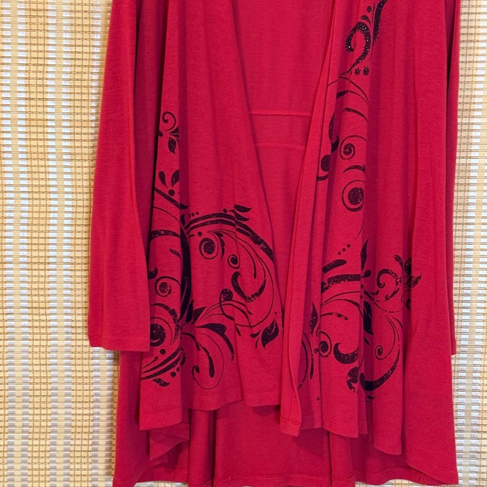 Energe World Wear Womens XL Red Black Scroll Print Open Front Cardigan High Low - Picture 2 of 9